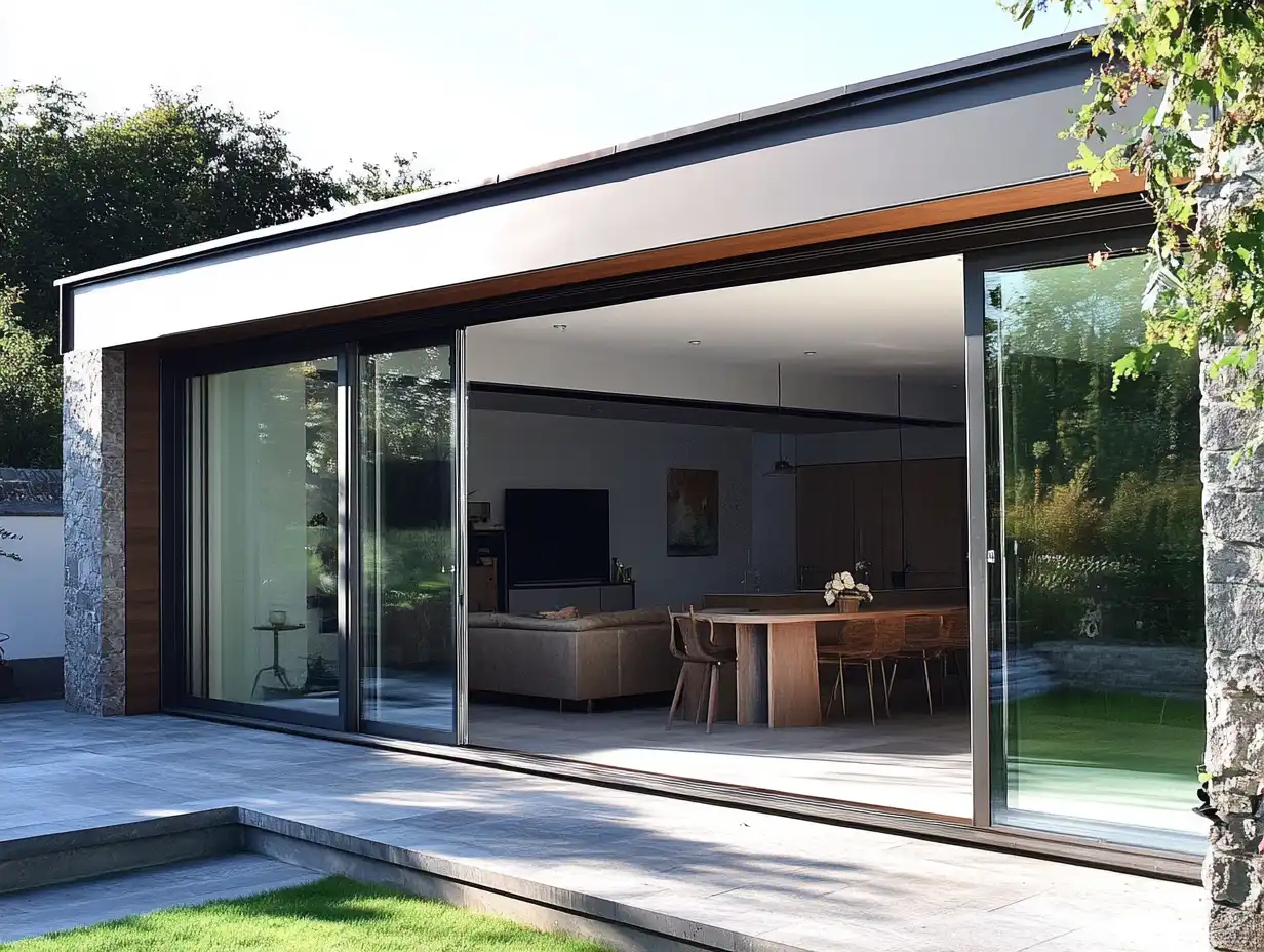 Modern house with large sliding glass doors revealing a spacious, open-plan living area and dining space, adjacent to a well-lit outdoor patio and garden.