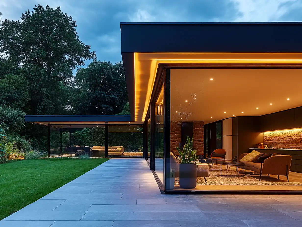 Modern house with large glass windows, warm interior lighting, and outdoor lounge area. The exterior includes a spacious tiled patio and a grassy lawn, bordered by dense trees.